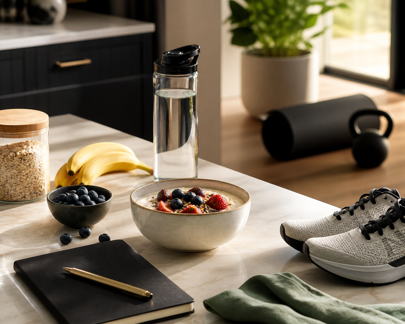 Training nutrition flatlay with breakfast, water and running shoes